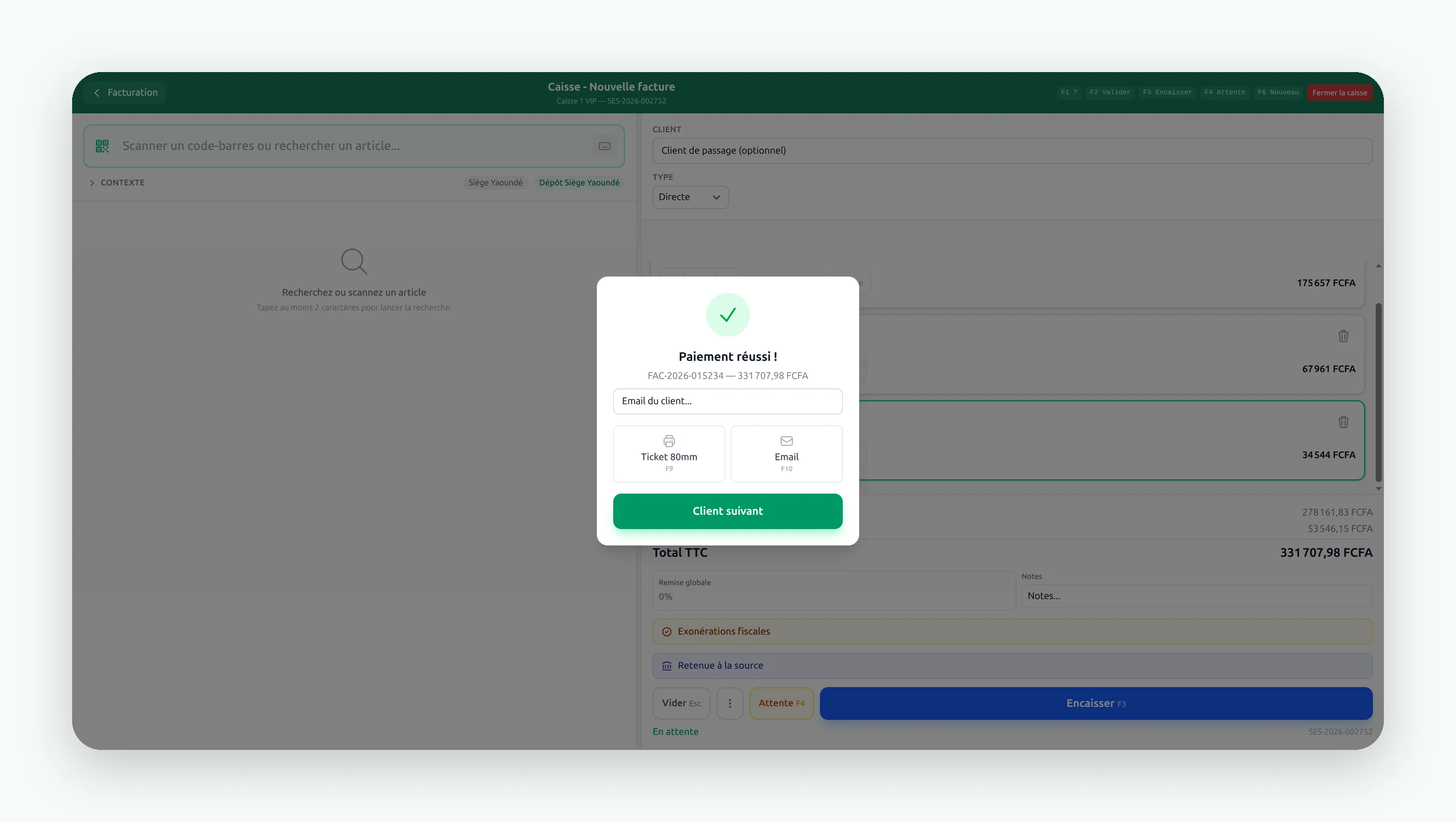 Paiement réussi : ticket, email, client suivant