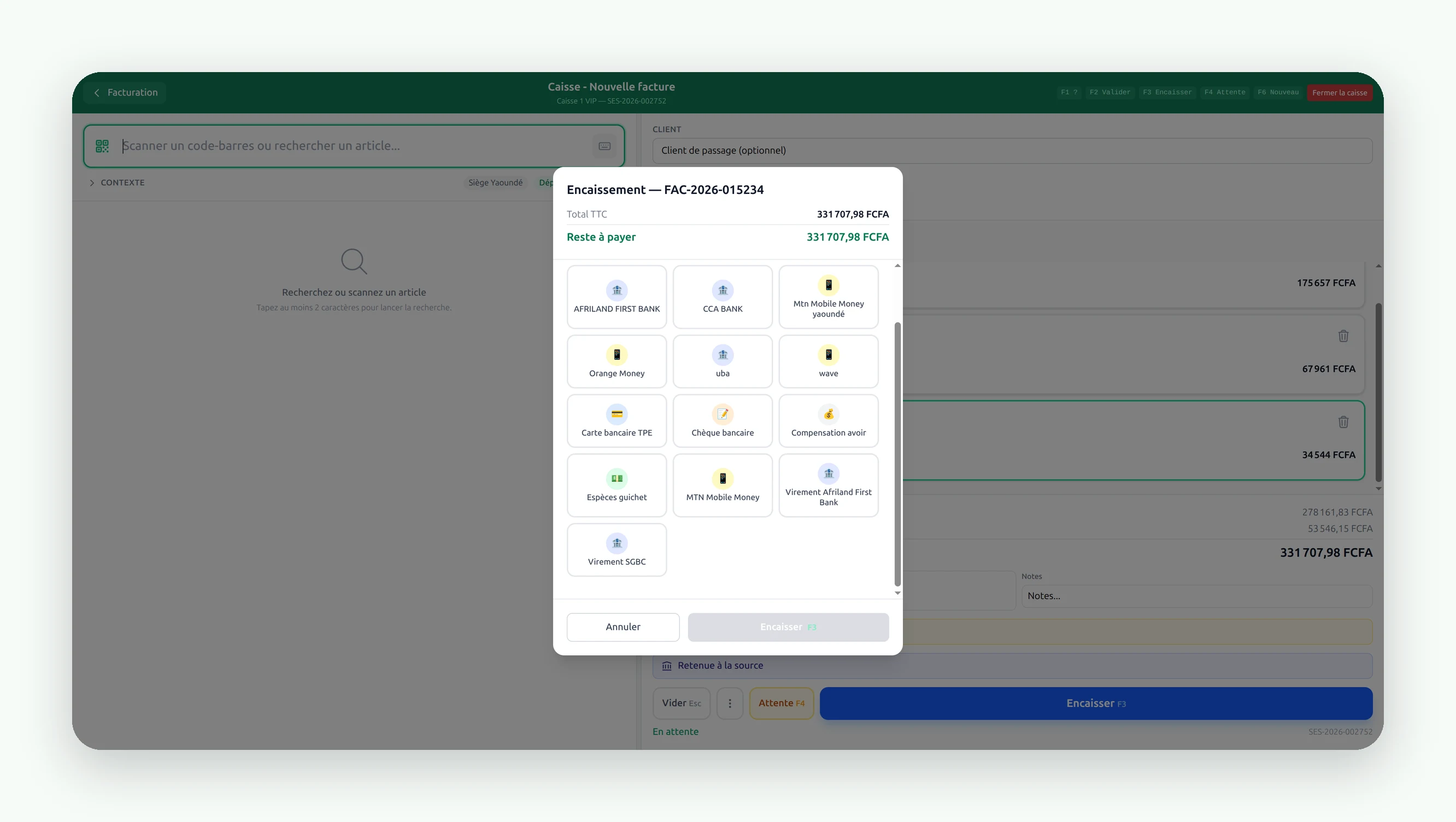 Écran de paiement : espèces, mobile money, crédit