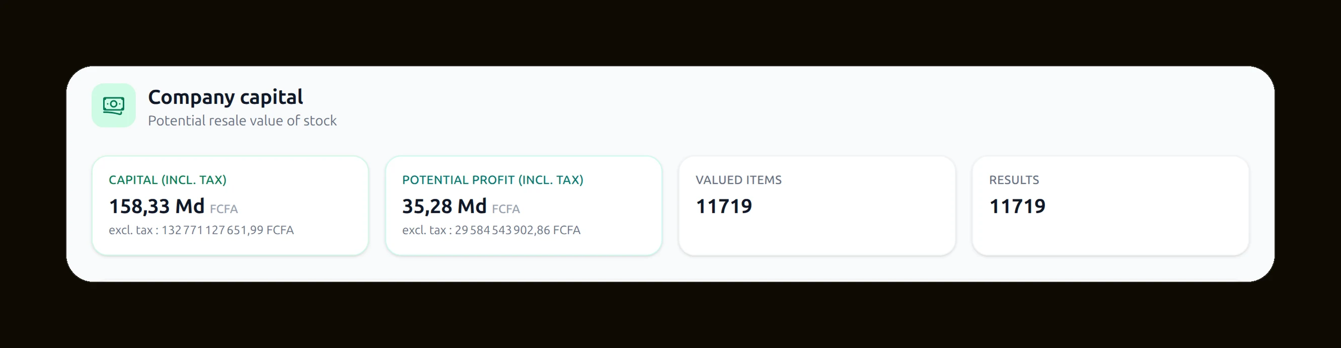 The stock value card on the dashboard