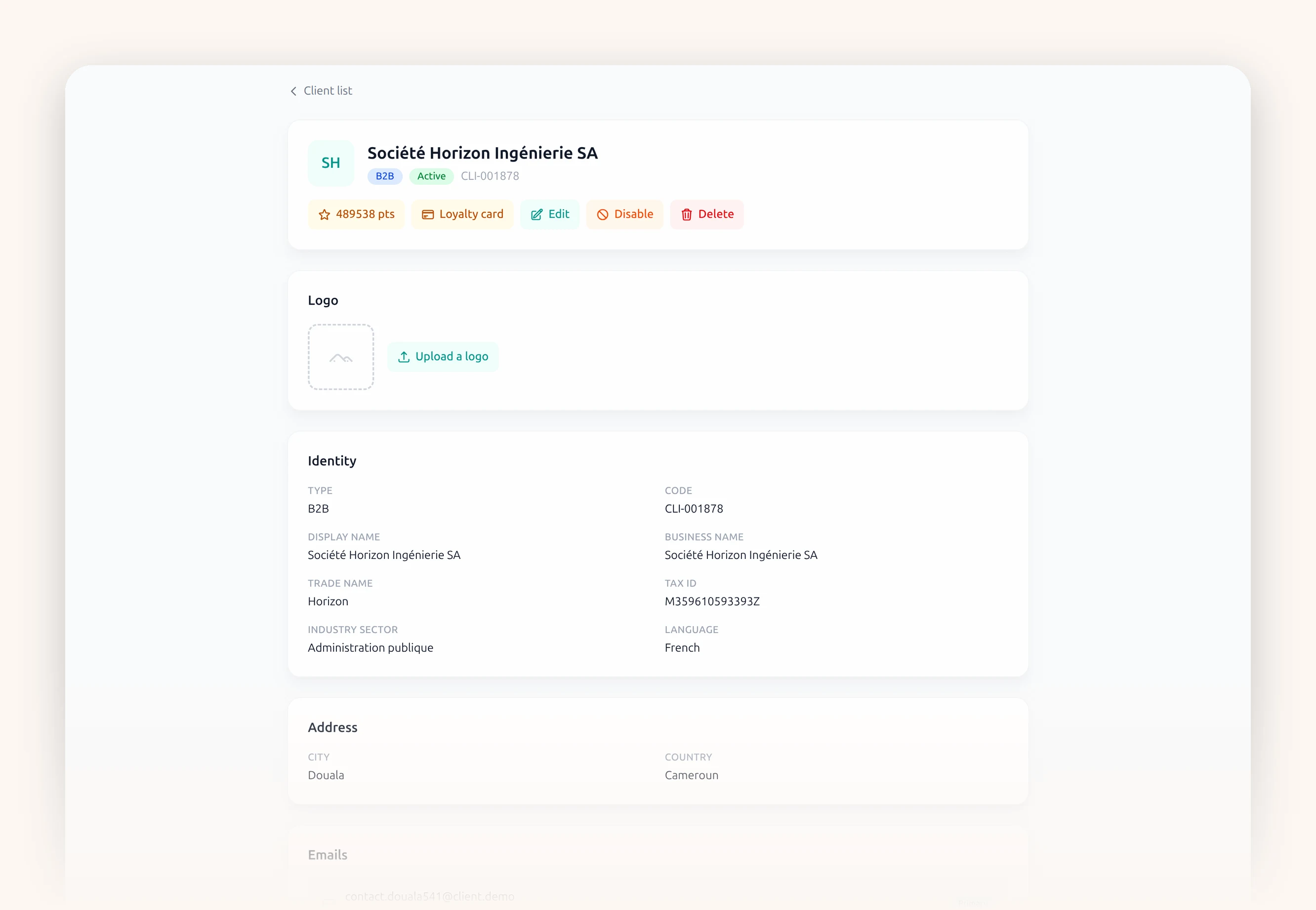 Customer record: contacts, loyalty, tax status