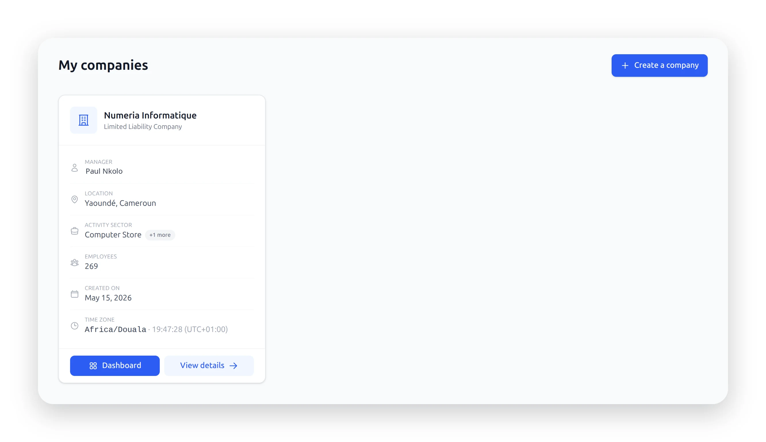 List of businesses on one account, with the add button