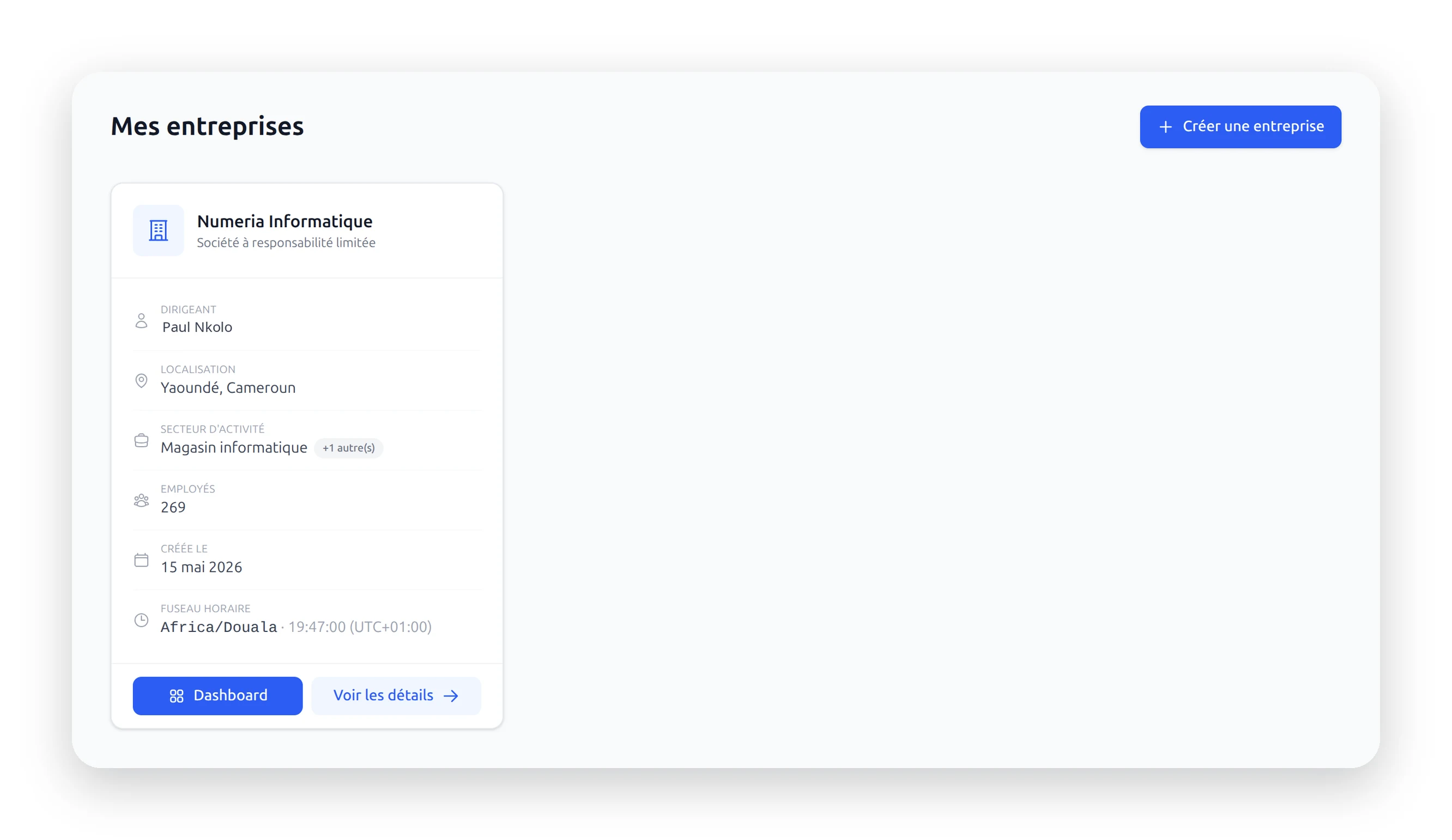 Liste des entreprises d'un même compte, avec le bouton d'ajout